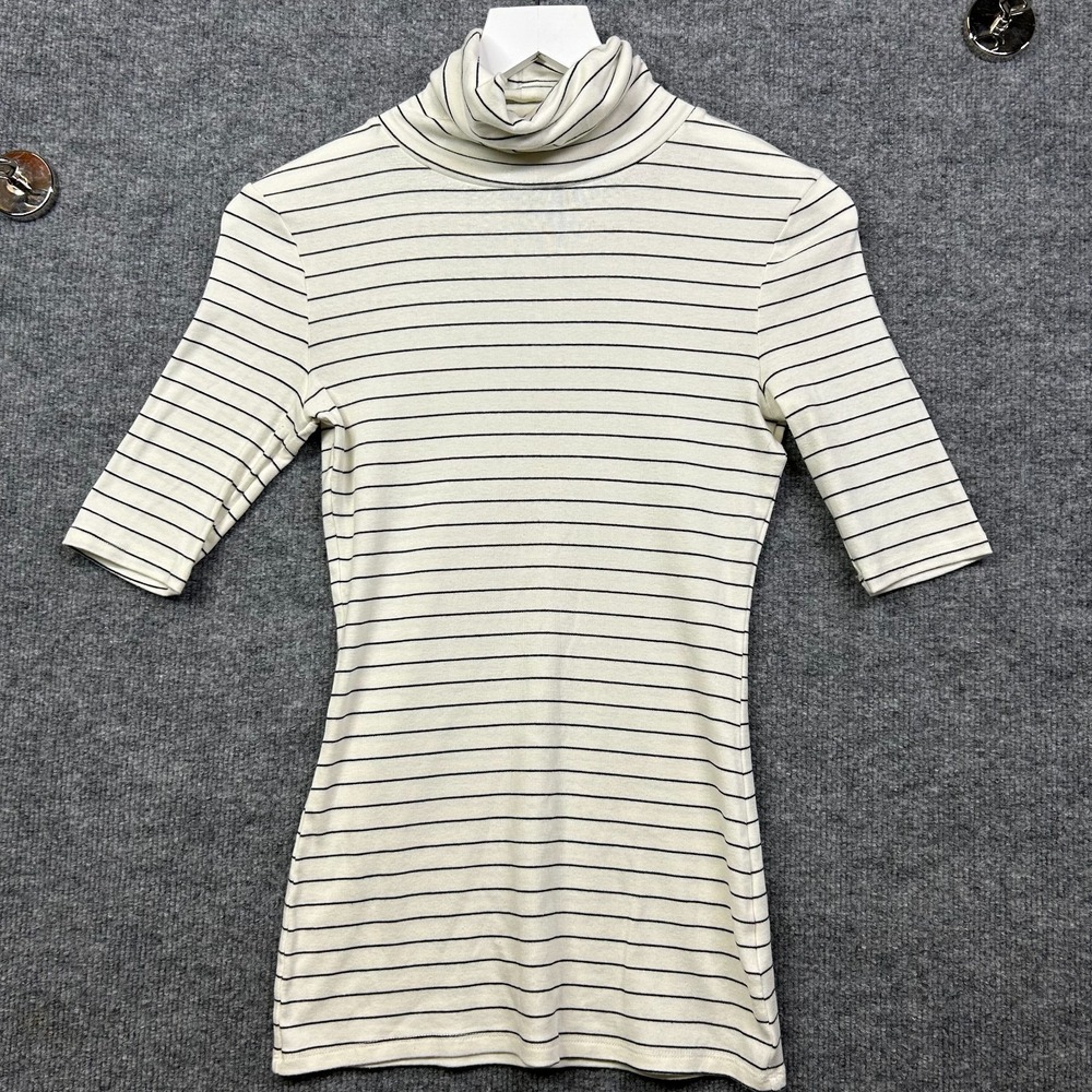A New Day Striped Turtleneck Top Womens Ivory Elbow Sleeve Ribbed Fitted - S